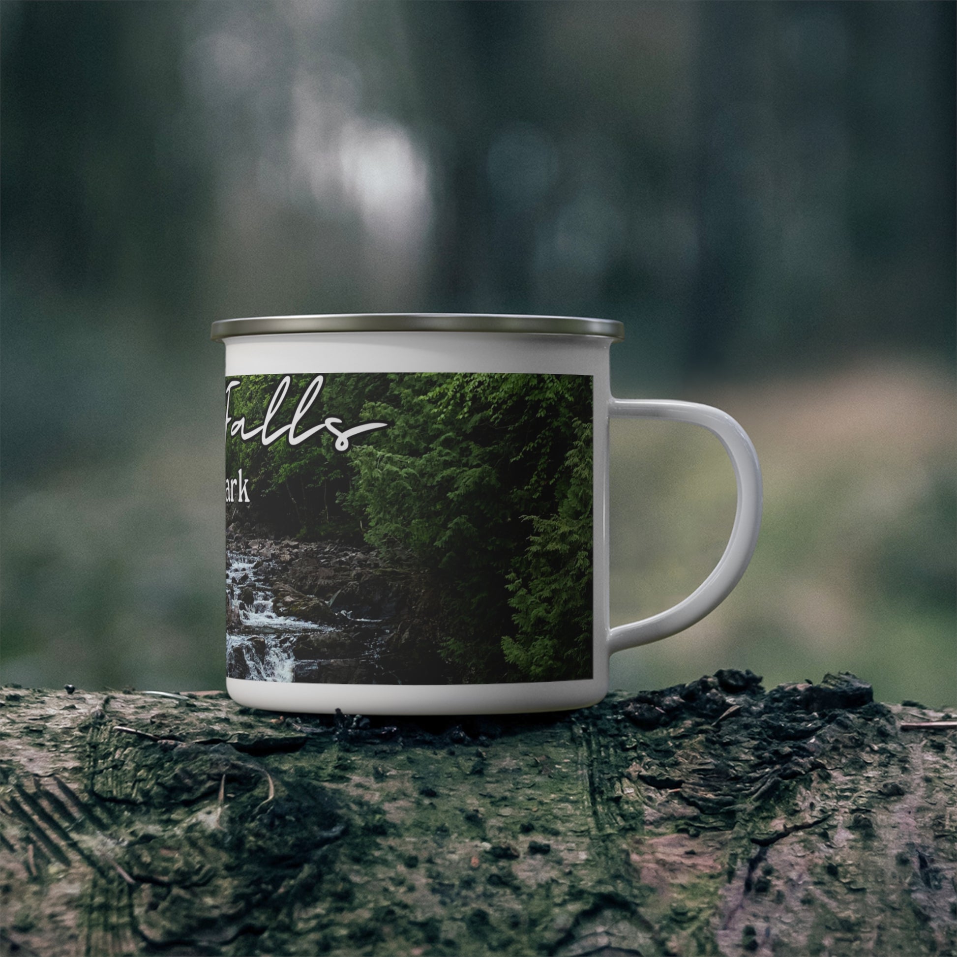 White enamel camper mug depicting Tyler Forks Cascades and the text “Copper Falls State Park.”