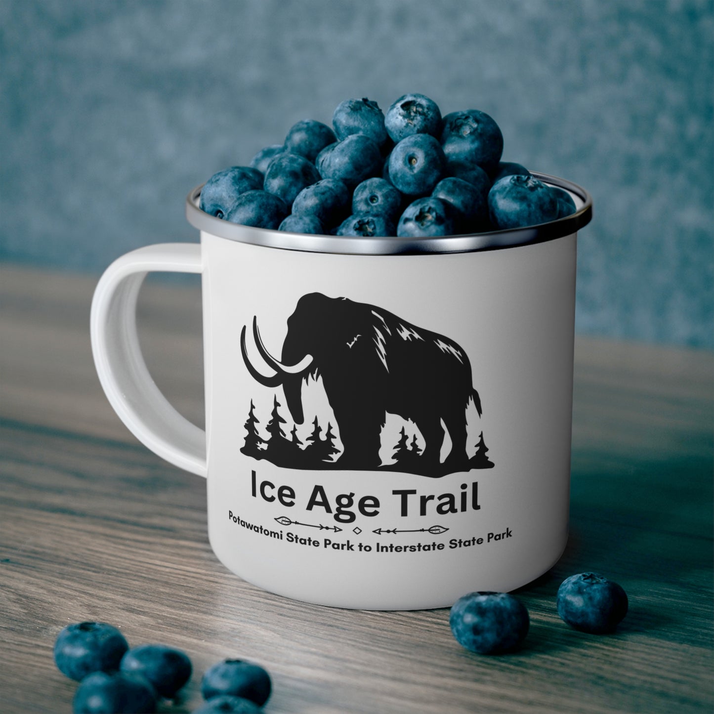 White enamel Ice Age Trail camper mug with silver lip.  Features a depict of a mammoth and the text “Ice Age Trail, Potawatomi State Park to Interstate State Park”.