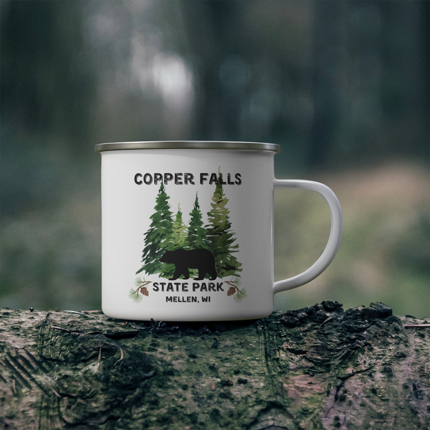 White enamel mug with a forest scene and black bear and the text Copper Falls State Park, Mellen, WI