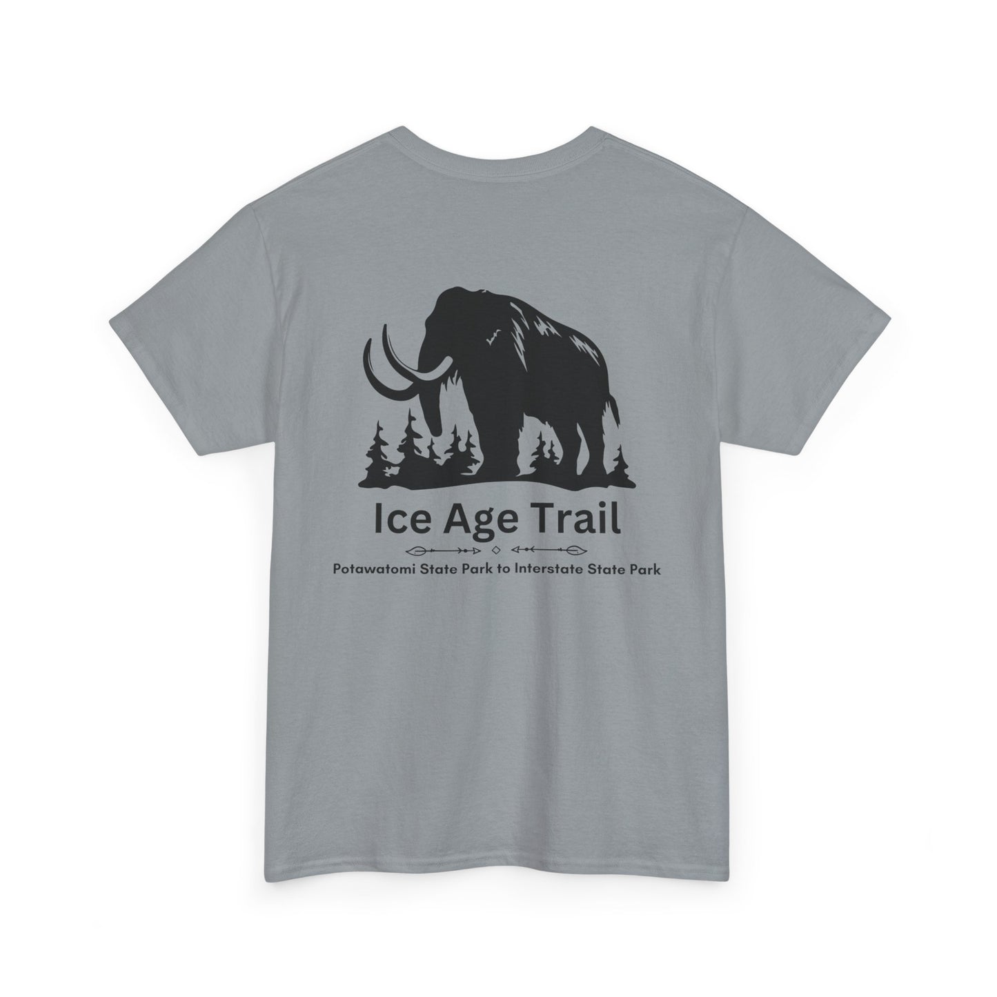 Ice Age Trail adventure tee back design with mammoth design, gravel color shirt.