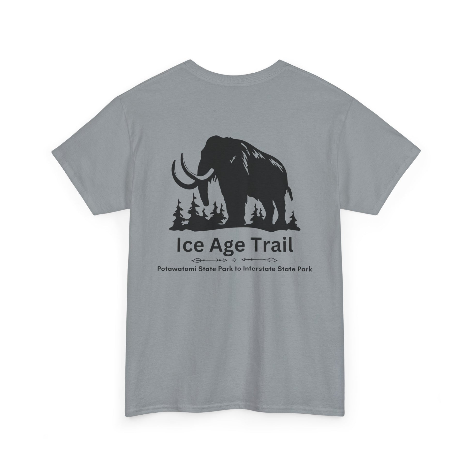 Ice Age Trail adventure tee back design with mammoth design, gravel color shirt.