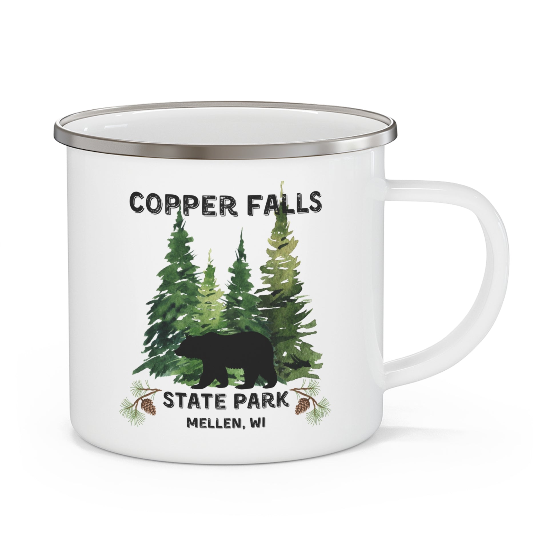 White enamel mug with a forest scene and black bear and the text Copper Falls State Park, Mellen, WI