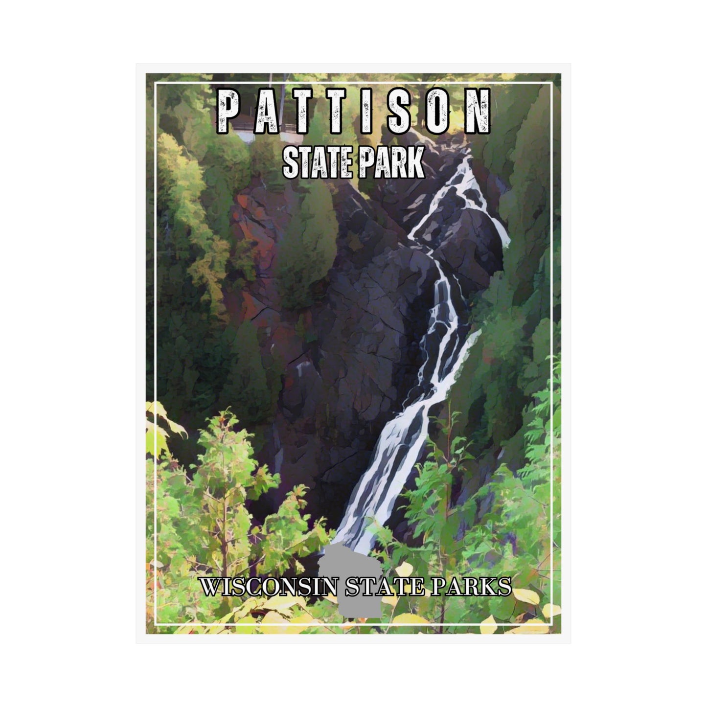 CCC styled poster depicting Big Manitou Falls at Pattison State Park. 18x24” Poster.