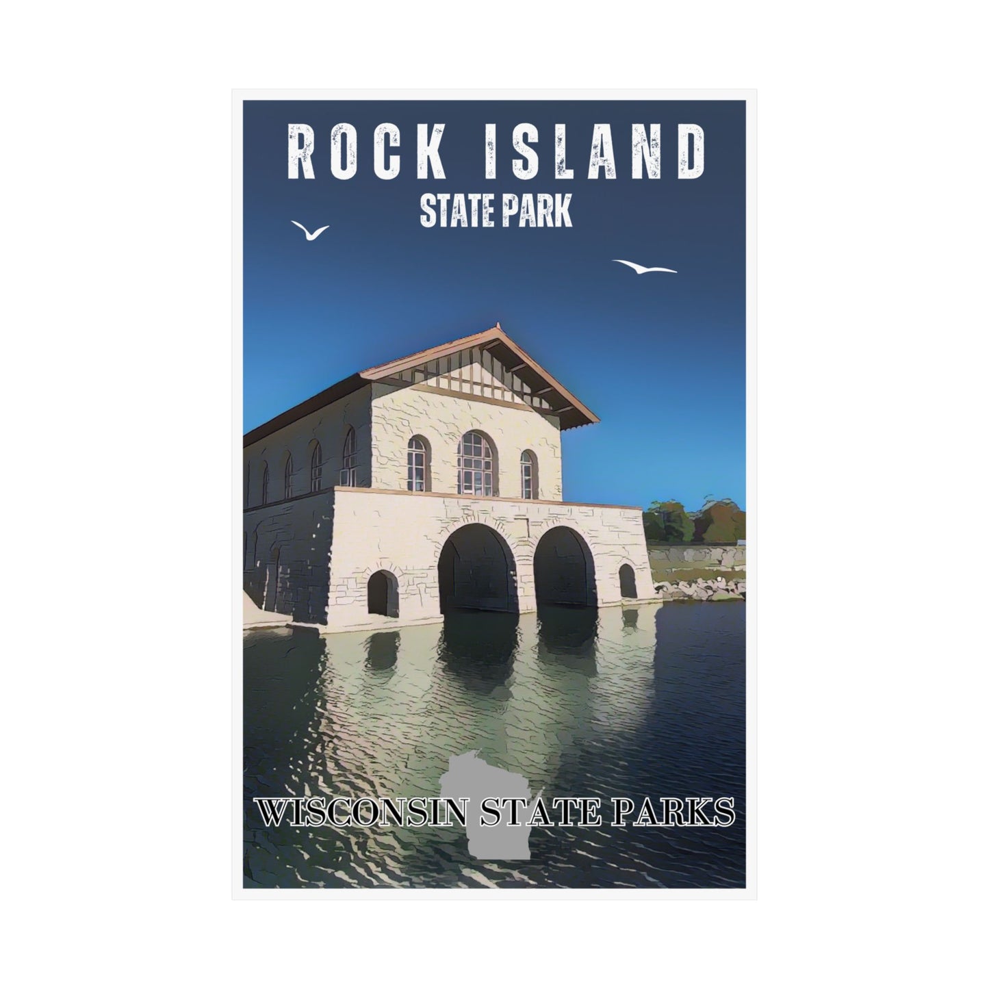 11x17 Rock Island retro poster print depicting the historic boathouse on Rock Island.