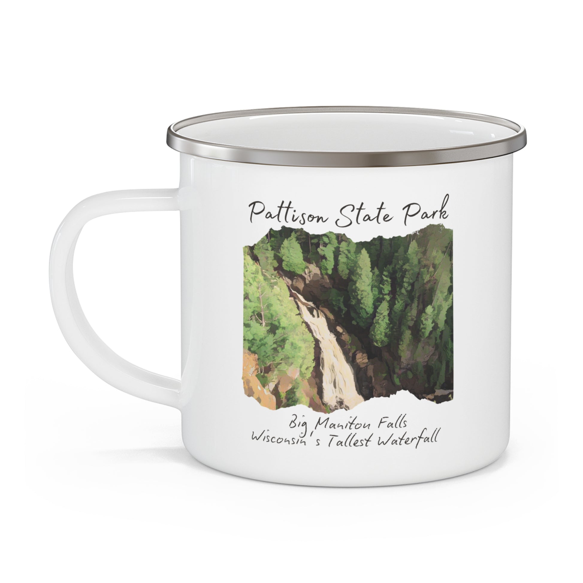 White enamel campfire mug with a CCC style rendering of Big Manitou Falls.  Mug contains the text: Pattison State Park, Big Manitou Fall, Wisconsin’s Tallest Waterfall.