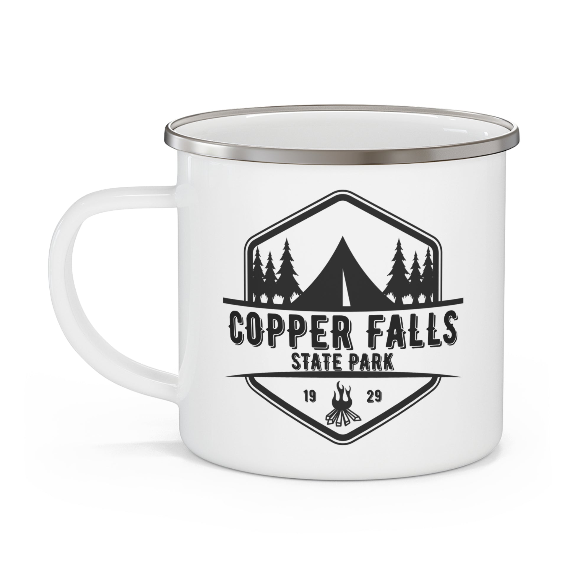 White camper mug depicting a tent and campfire and the wording Copper Falls State Park.