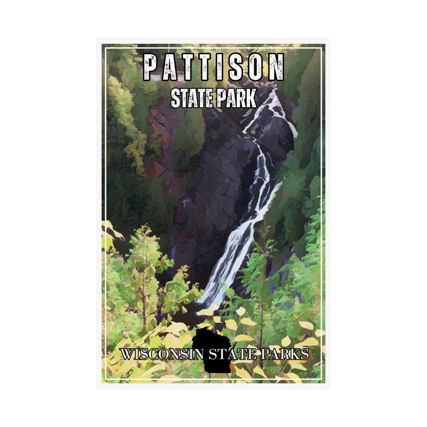 CCC styled poster depicting Big Manitou Falls at Pattison State Park. 12x18” Poster.