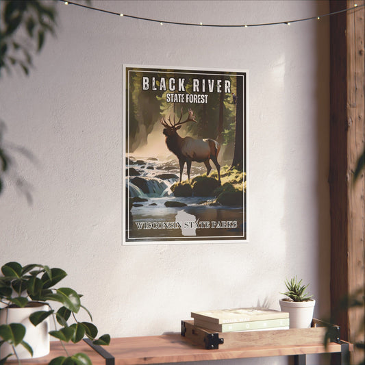 CCC style poster depicting an elk standing in a stream in a forest.  Background is poster hunt on a wall above a shelf.