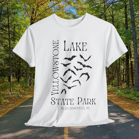 Yellowstone Lake bat design tee shirt front.