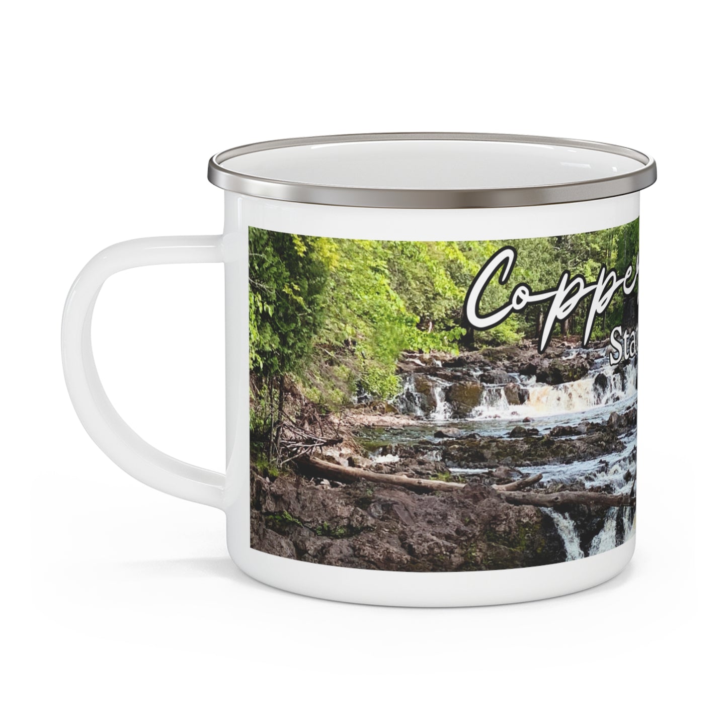 White enamel camper mug depicting Tyler Forks Cascades and the text “Copper Falls State Park.”