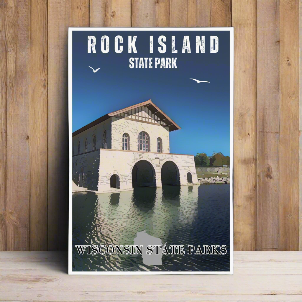 12x18 Rock Island retro poster print depicting the historic boathouse on Rock Island.