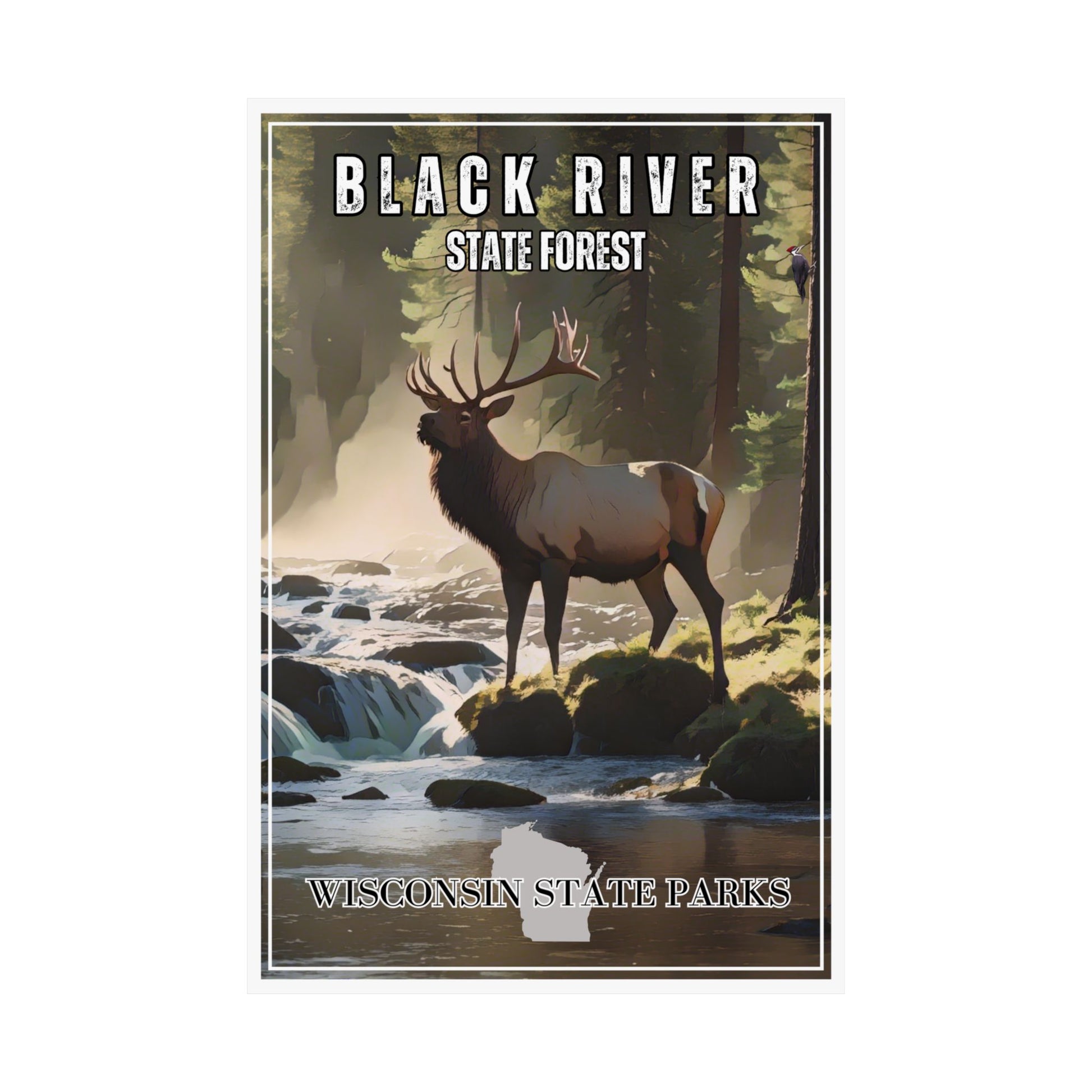 CCC style poster depicting an elk standing in a stream in a forest.