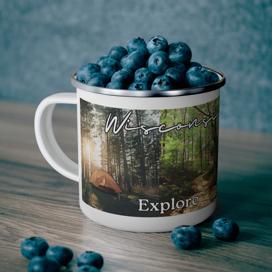 White enamel camper mug depicting camping, hiking, cross country skiing and waterfall scenes and the text “Wisconsin State Parks  explore, relax, enjoy.”