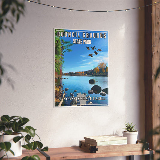 CCC Design inspired poster depicting the Wisconsin River and Geese Flying.