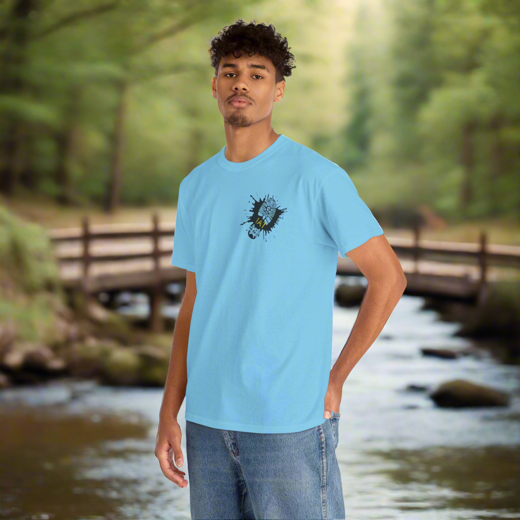 Ice Age Trail adventure tee front design with boot print, sky color shirt.