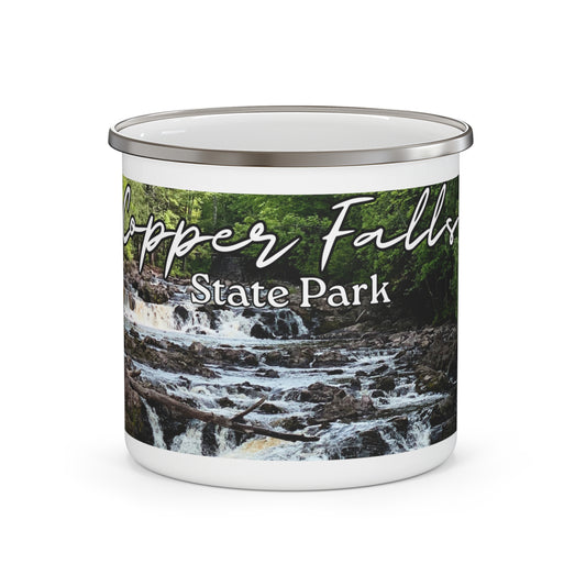 White enamel camper mug depicting Tyler Forks Cascades and the text “Copper Falls State Park.”