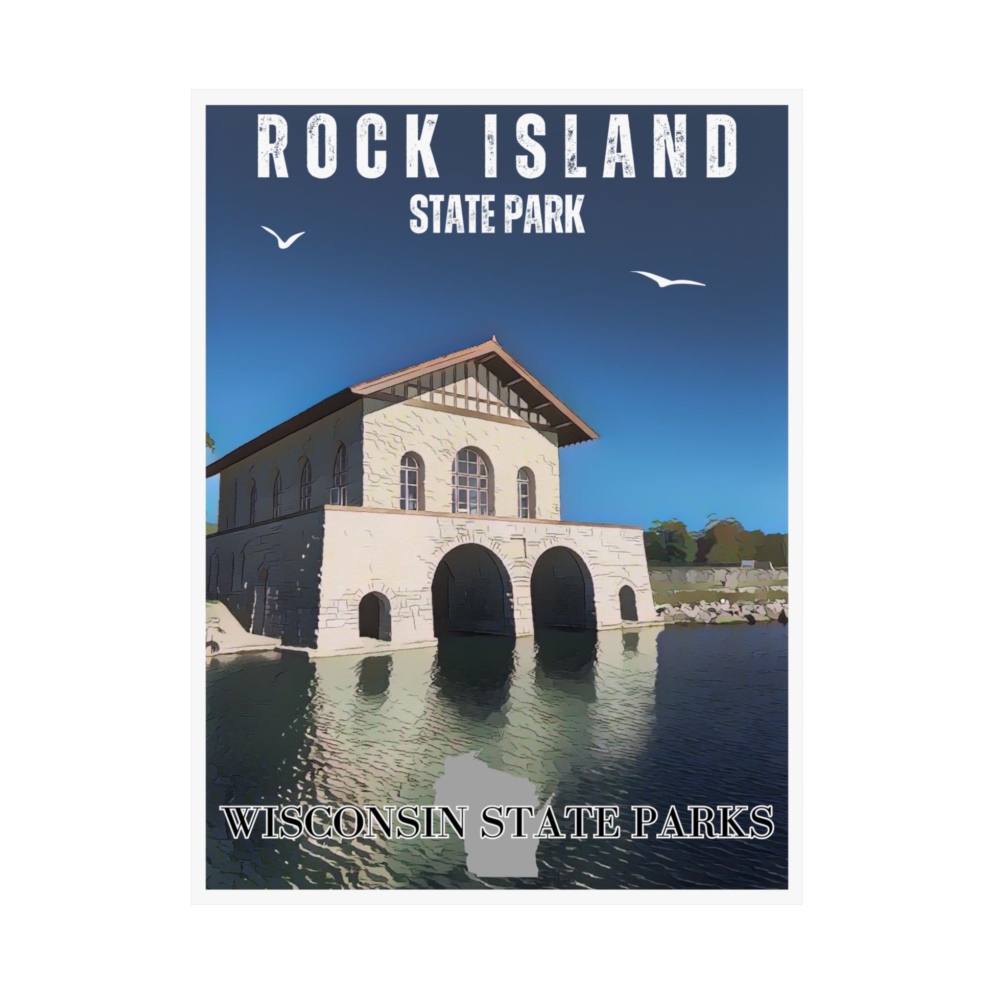 18x24 Rock Island retro poster print depicting the historic boathouse on Rock Island.