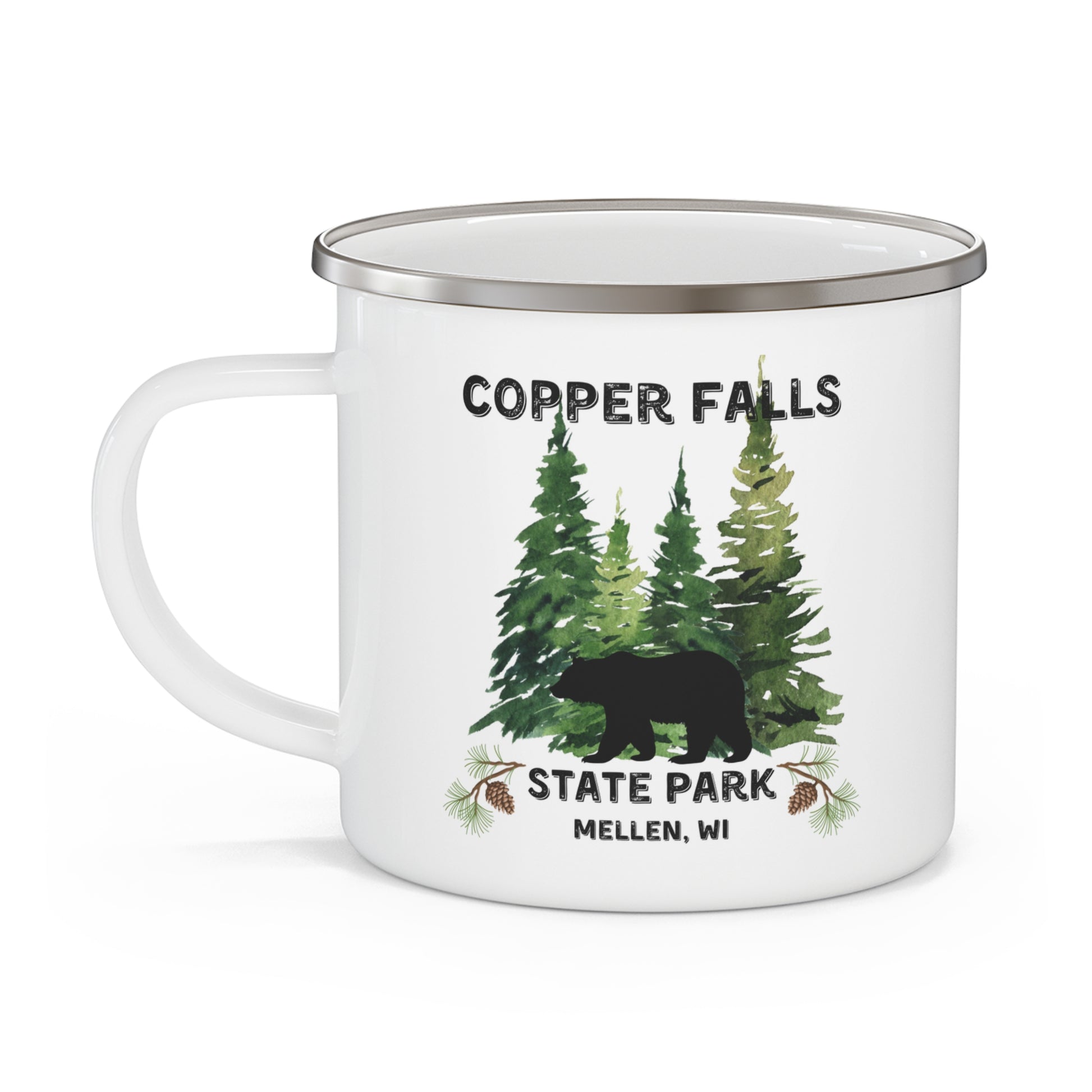 White enamel mug with a forest scene and black bear and the text Copper Falls State Park, Mellen, WI