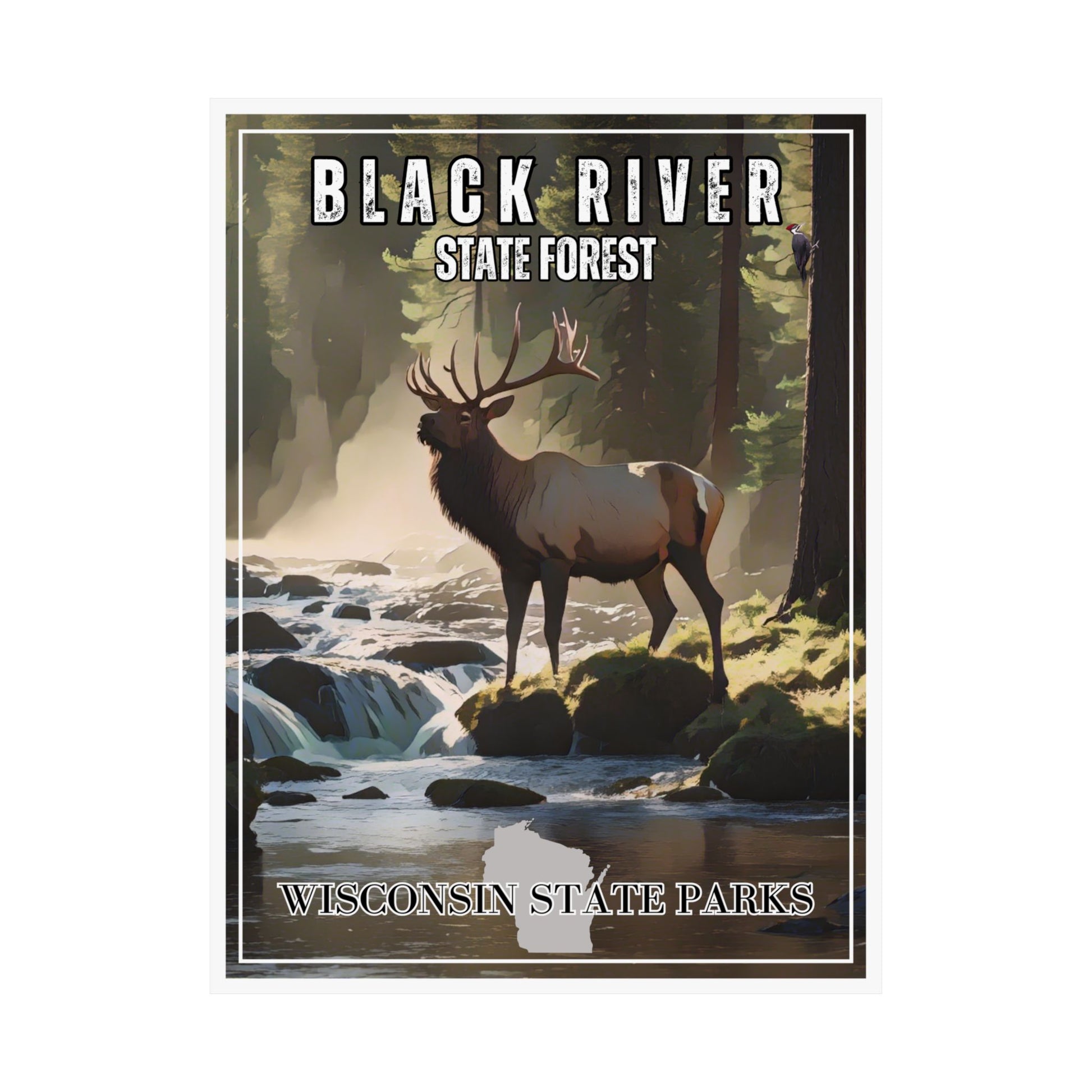 CCC style poster depicting an elk standing in a stream in a forest.