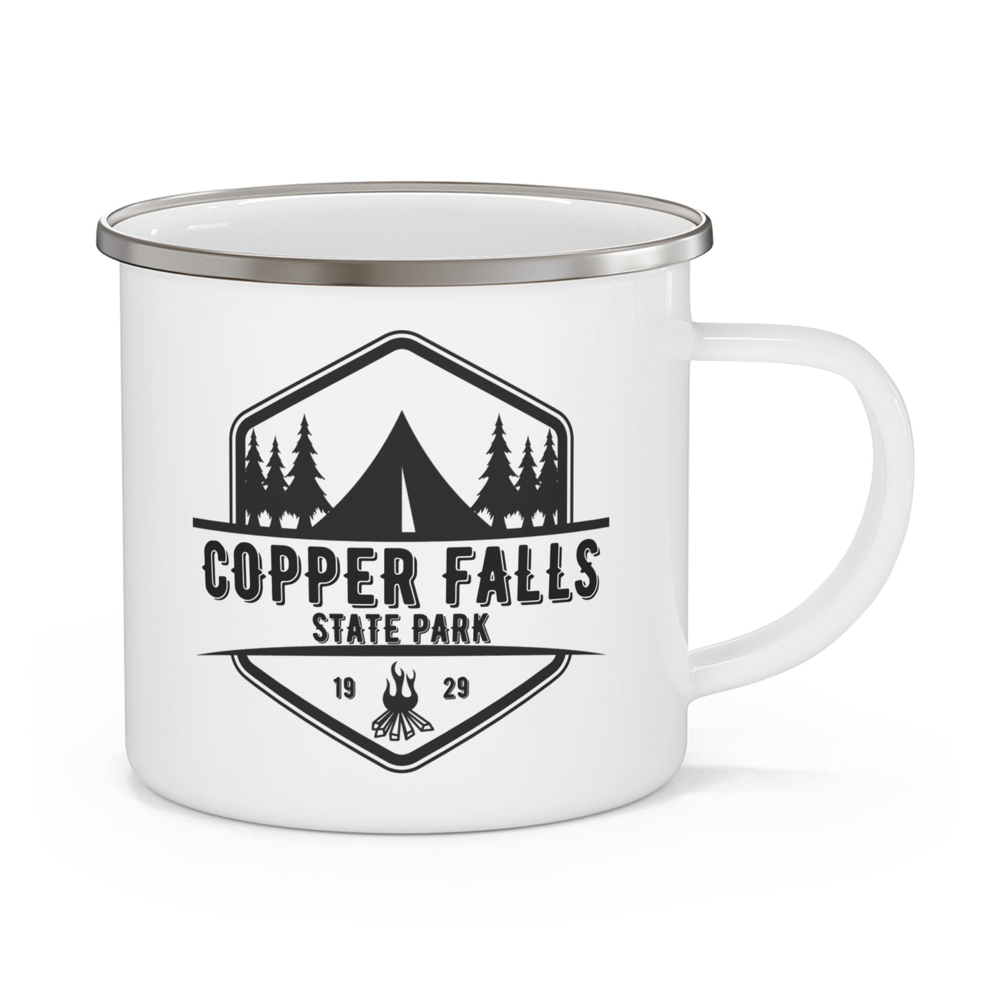 White camper mug depicting a tent and campfire and the wording Copper Falls State Park.