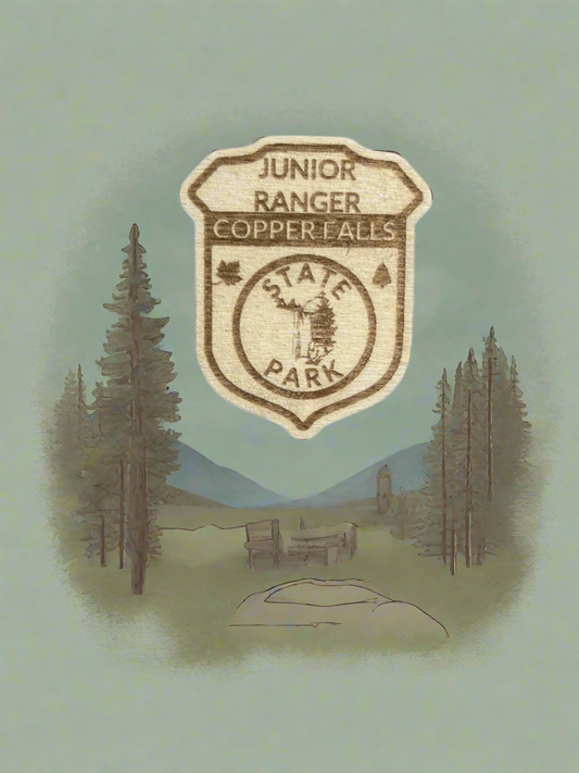 Wood badge shaped Junior Ranger Pin with Copper Falls Text and Waterfall symbol. 