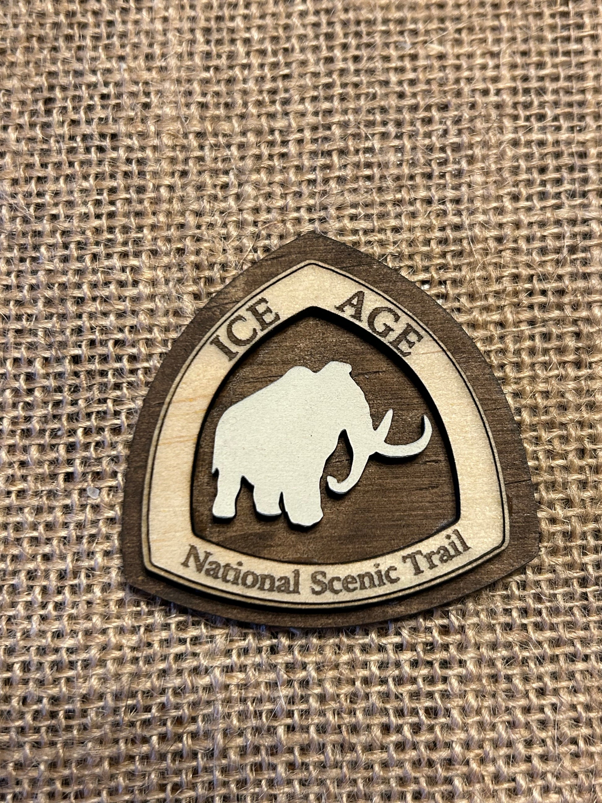 National Trail Icon with Text "Ice Age National Scenic Trail" and a White Mammoth Icon on a walnut colored background. 