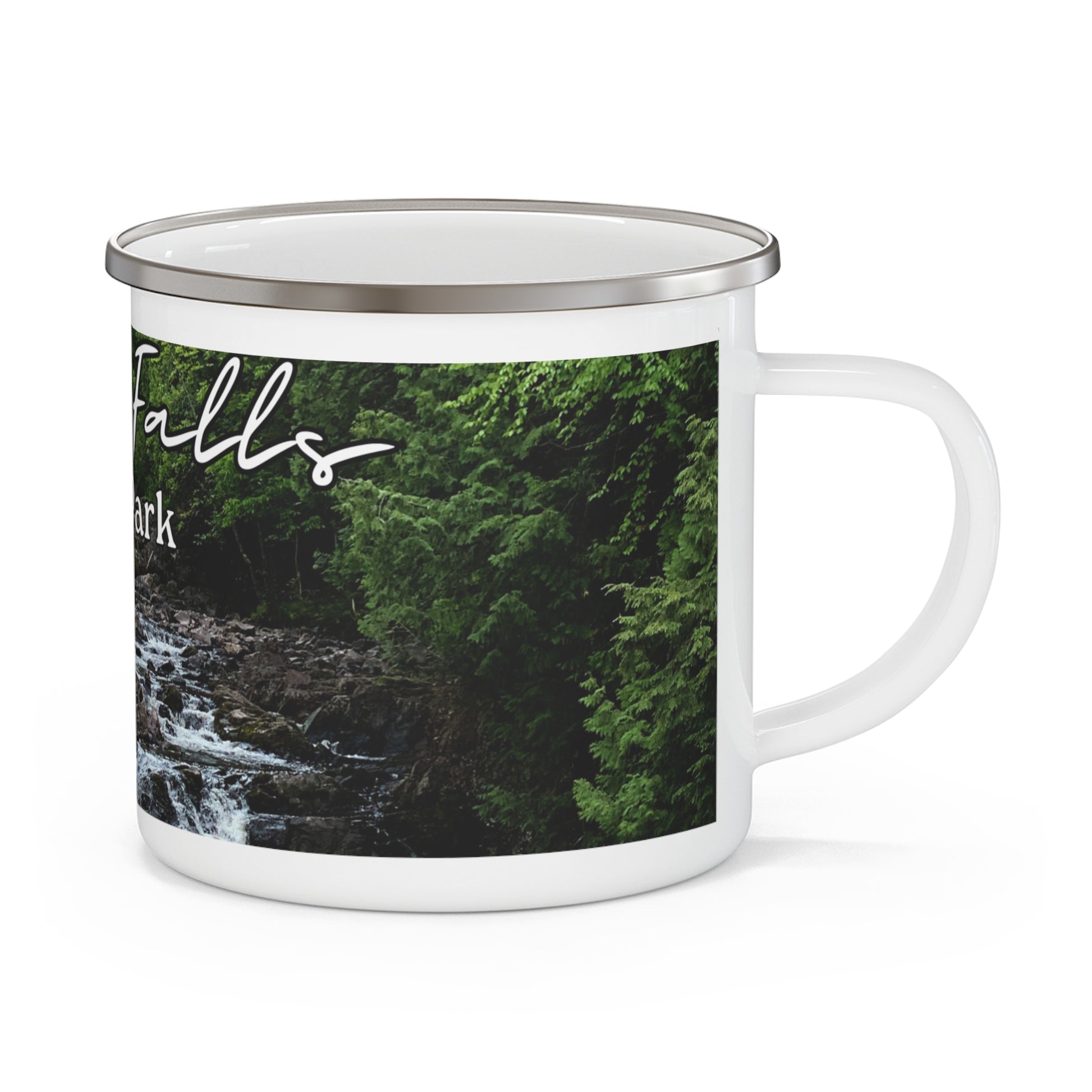 White enamel camper mug depicting Tyler Forks Cascades and the text “Copper Falls State Park.”