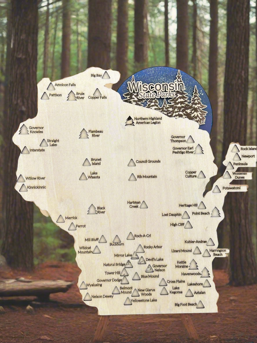 State Park Travel map in Wisconsin shape with starry night forest theme. 