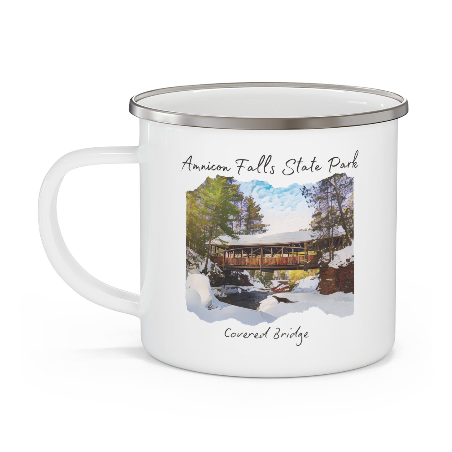 White enamel mug depicting the covered bridge at Amnicon Falls State Park in winter.