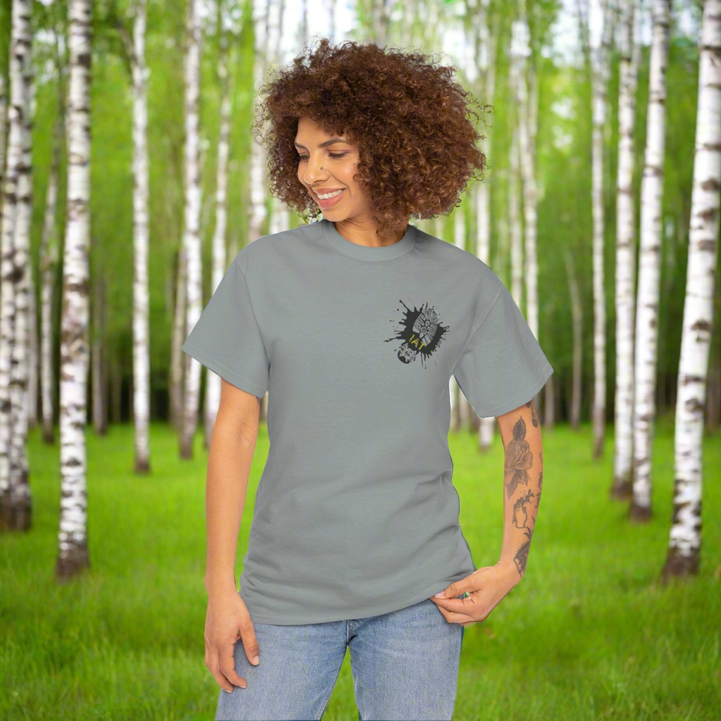 Ice Age Trail adventure tee front design with boot print, gravel color shirt.