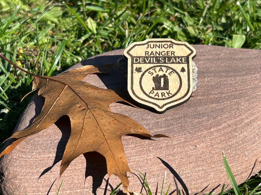 Wood badge shaped junior ranger pin with text Devil's Lake State Park and Devil's Doorway symbol. 