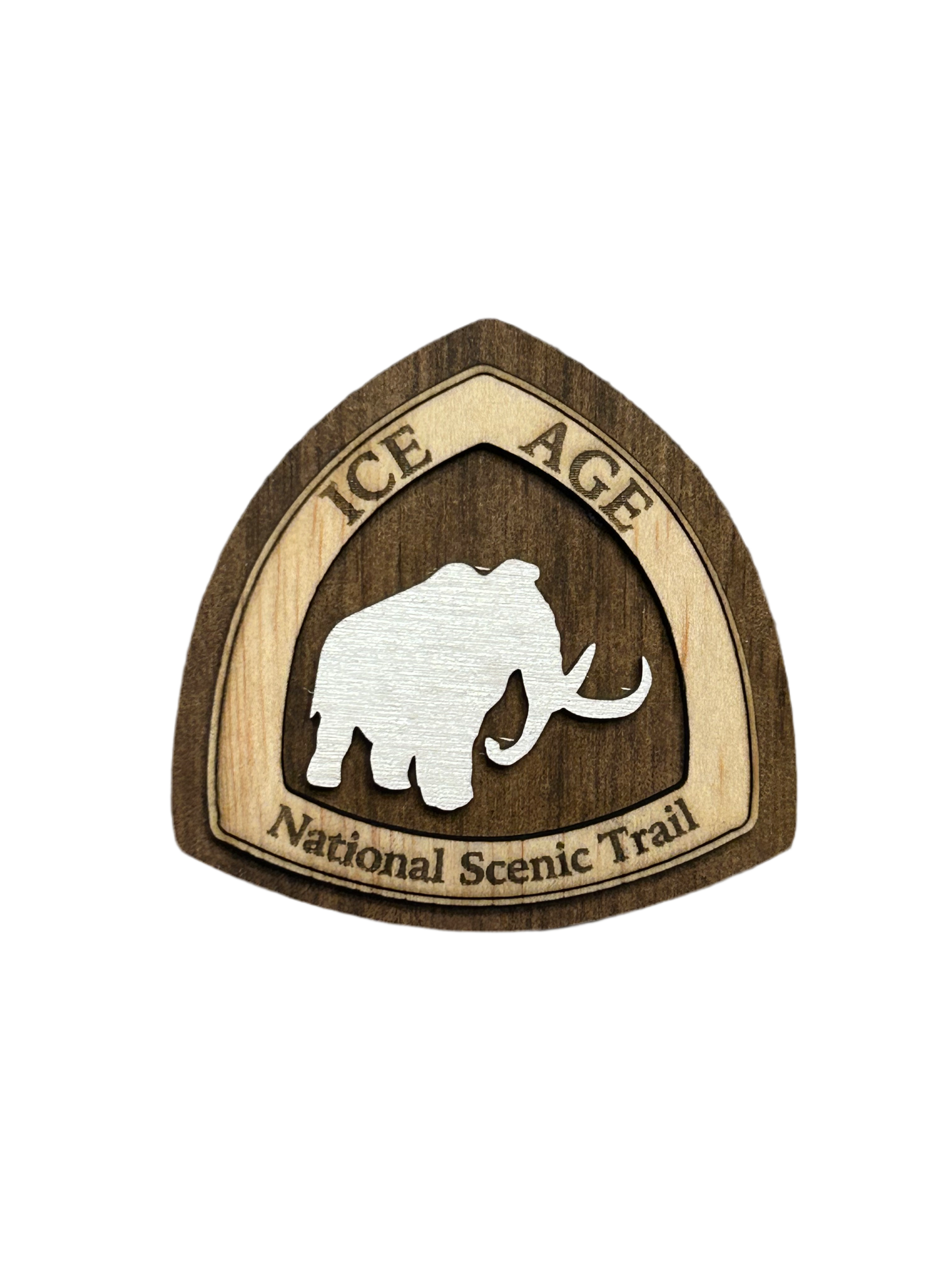 National Trail Icon with Text "Ice Age National Scenic Trail" and a White Mammoth Icon on a walnut colored background. 