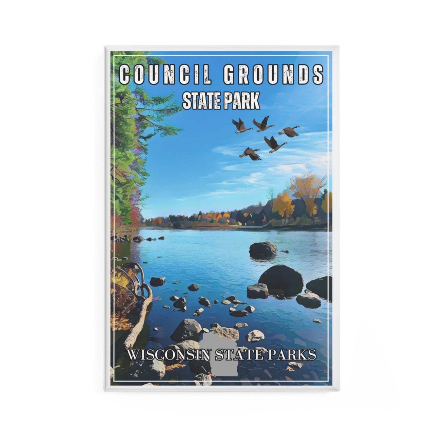 CCC inspired magnet design depicting Wisconsin River and flying geese.