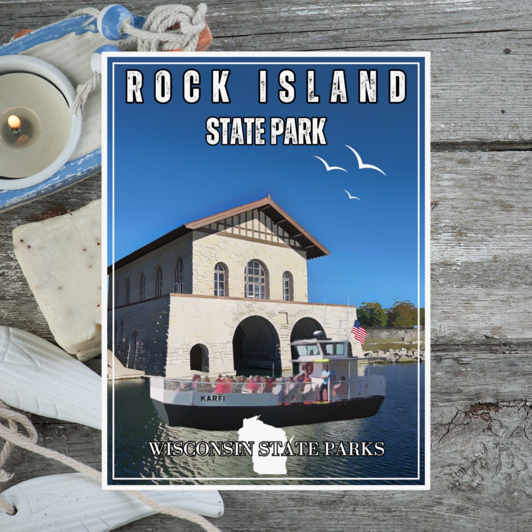 Vintage style poster depicting the Rock Island State Park boathouse and the Karfi passenger ferry.  Photo background: rustic wood, candles and shells.