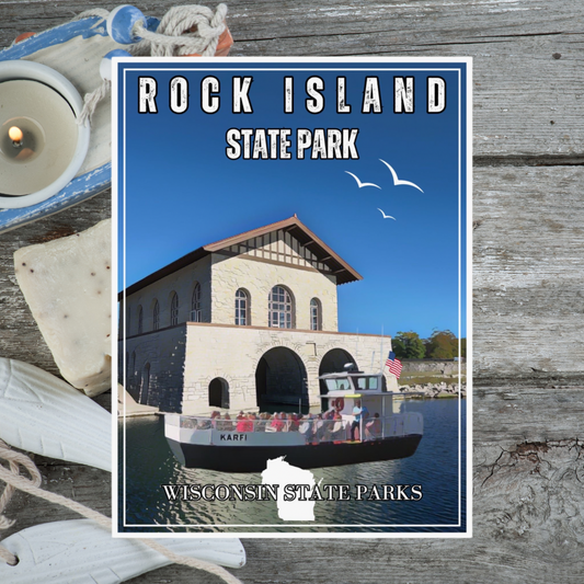 Vintage style poster depicting the Rock Island State Park boathouse and the Karfi passenger ferry.  Photo background: rustic wood, candles and shells.